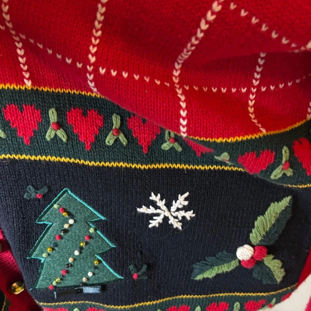 Vintage Cottagecore Red Christmas Snowman Tree Sweater‎ Women 14/16 Cardigan